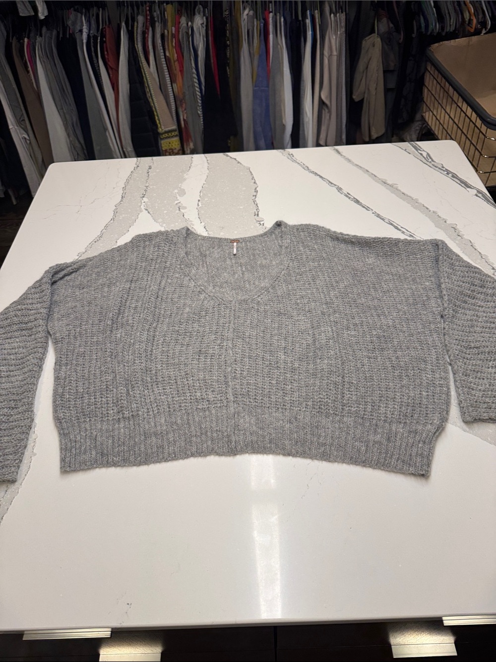 Free People Light Gray Cropped Scoop-Neck Ribbed Sweater Alpaca Loose Knit SzL